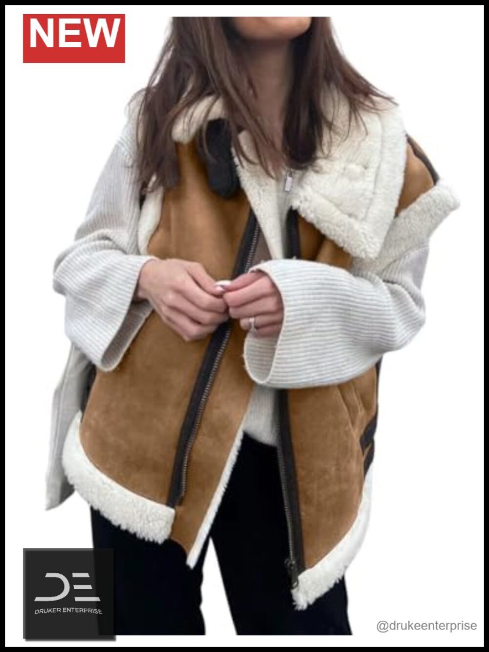 Suede Sherpa Leather Vest Jacket Zip Up Sleeveless Lambwool Fur Coat with